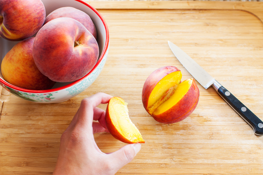 Learn how to achieve perfect peach slices for use in these Baked Peaches Breakfast Toasts and all of your favorite peach recipes.