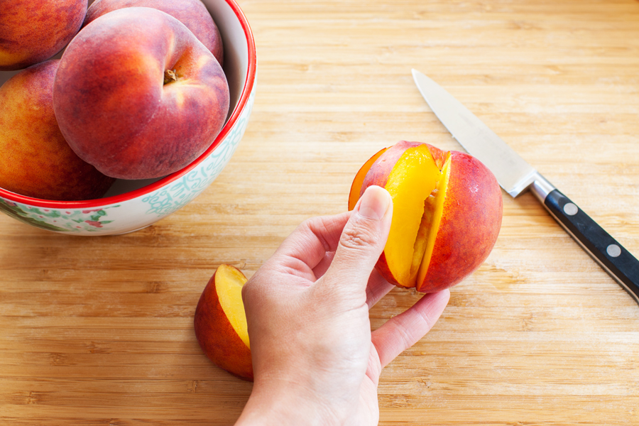 Learn how to achieve perfect peach slices for use in these Baked Peaches Breakfast Toasts and all of your favorite peach recipes.