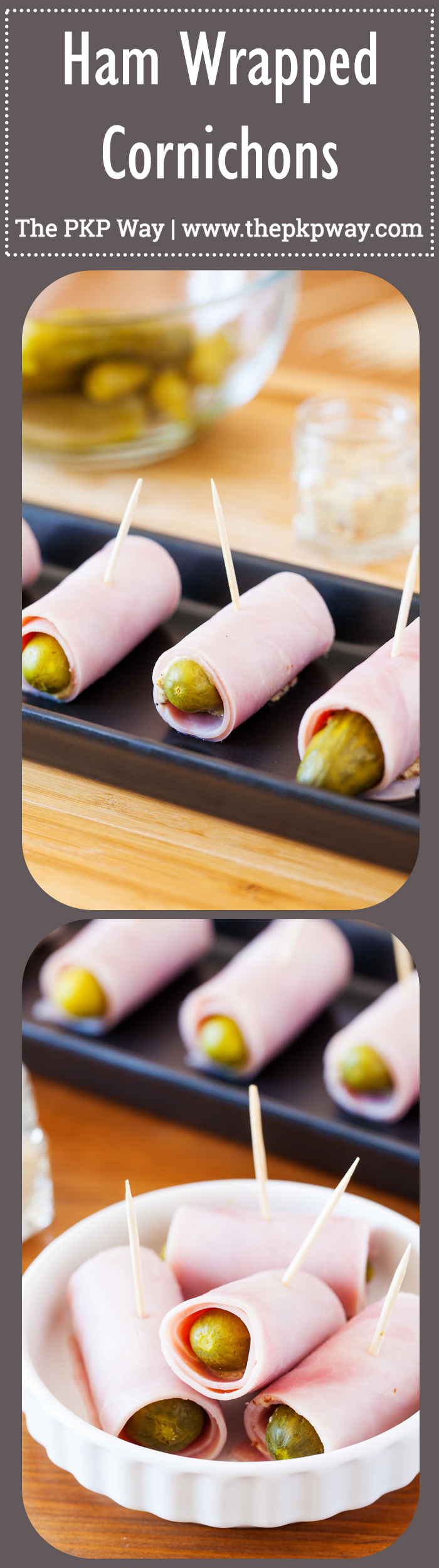 Ham Wrapped Cornichons are salty, sour, and crunchy. Made with only three ingredients, they make the perfect appetizer or game day snack!