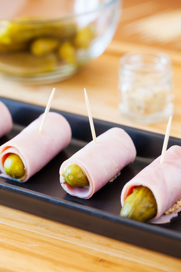 Ham Wrapped Cornichons are salty, sour, and crunchy. Made with only three ingredients, they make the perfect appetizer or game day snack!