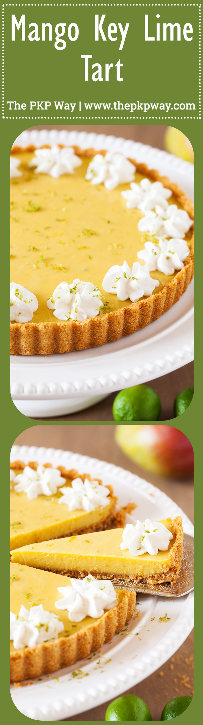 In this Mango Key Lime Tart, mango and key lime work together to create a sweet and sour, custard-like filling that sits atop a buttery graham cracker crust. The perfect dessert for summer BBQ’s, potlucks, and get-togethers.