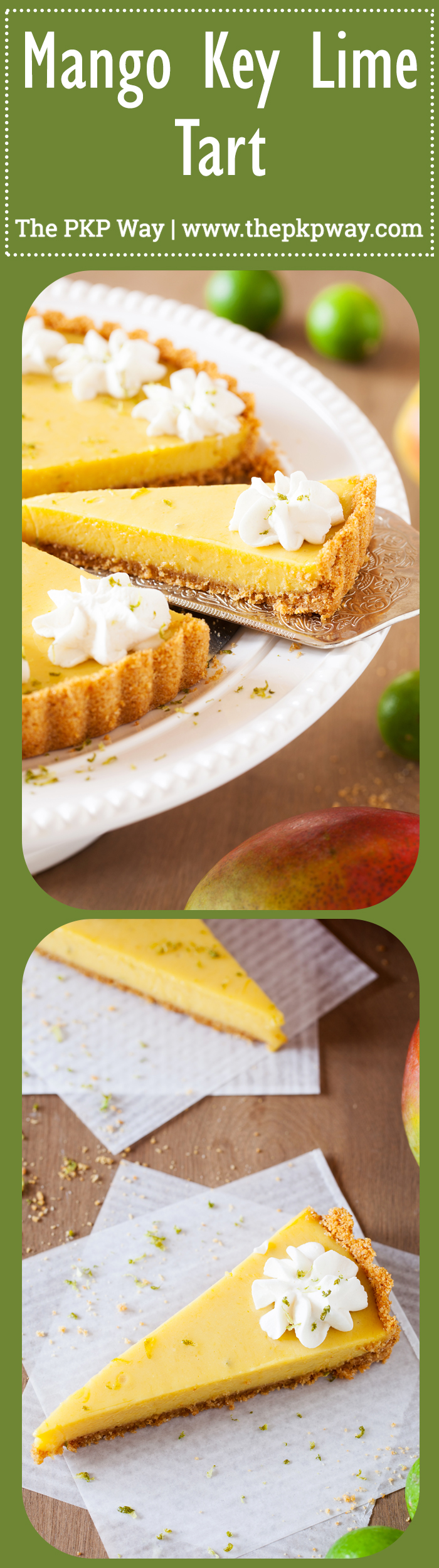 In this Mango Key Lime Tart, mango and key lime work together to create a sweet and sour, custard-like filling that sits atop a buttery graham cracker crust. The perfect dessert for summer BBQ’s, potlucks, and get-togethers.