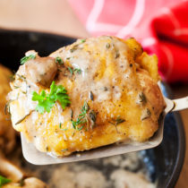Not just any ol’ chicken recipe, this Three Herb Chicken with Mushroom Gravy features juicy chicken thighs cooked to perfection with fresh herbs and smothered in a thick and gravy-like white wine mushroom sauce.