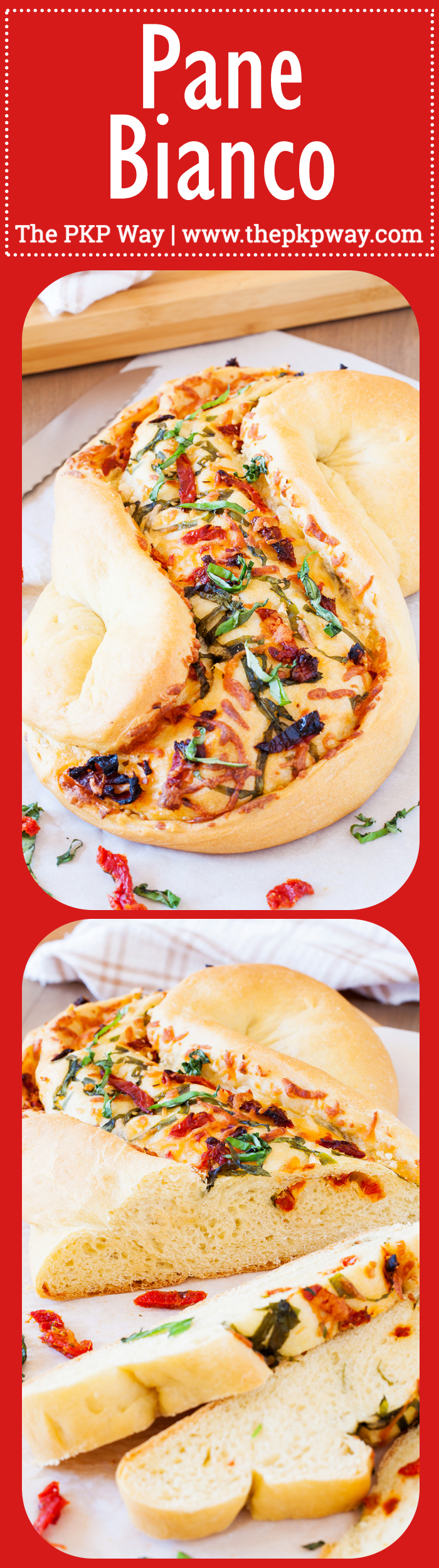 Great for bread baking beginners, this Pane Bianco (Italian for White Bread) is filled with sun-dried tomatoes, garlic, fresh basil, and mozzarella cheese, that will sure to impress.