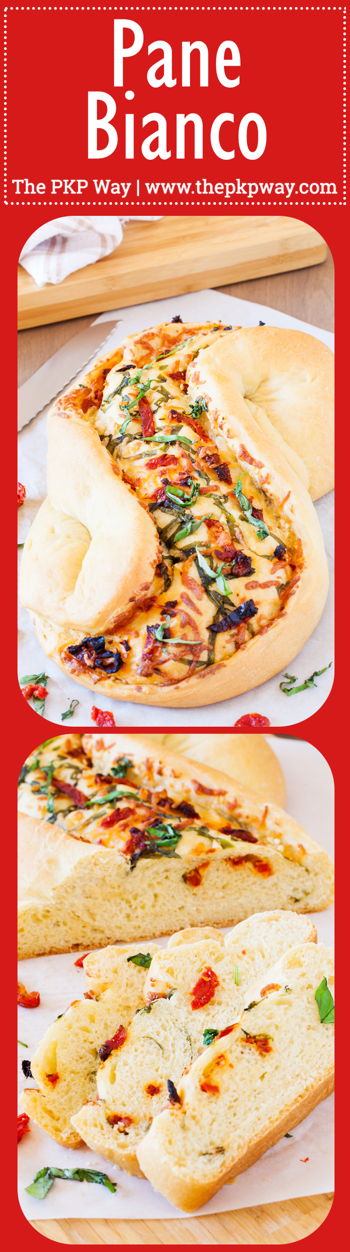 Great for bread baking beginners, this Pane Bianco (Italian for White Bread) is filled with sun-dried tomatoes, garlic, fresh basil, and mozzarella cheese, that will sure to impress.