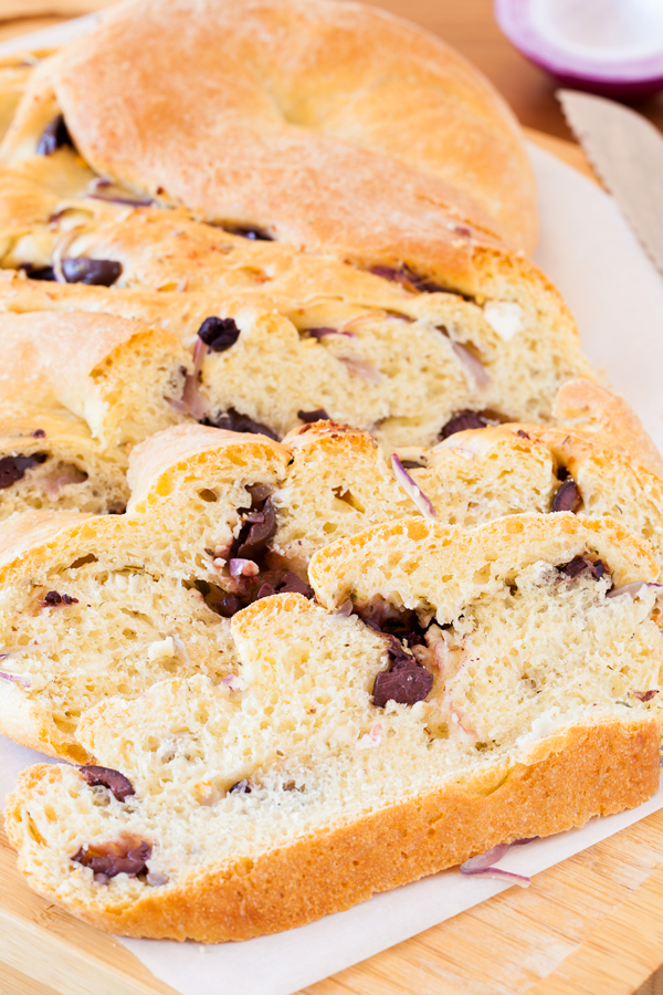 Olives, feta, and red onions add a slight twist and a Mediterranean flare to the traditional Pane Bianco.