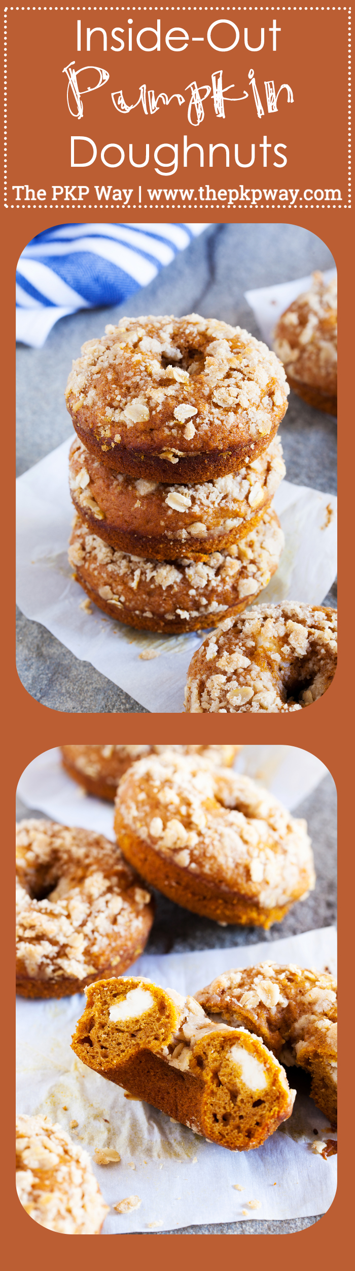 The perfect recipe to kick-off pumpkin season and fall, these Inside-Out Pumpkin Doughnuts feature a sweet and tangy cream cheese frosting stuffed inside a pumpkin spice muffin and topped with a crunchy streusel topping!