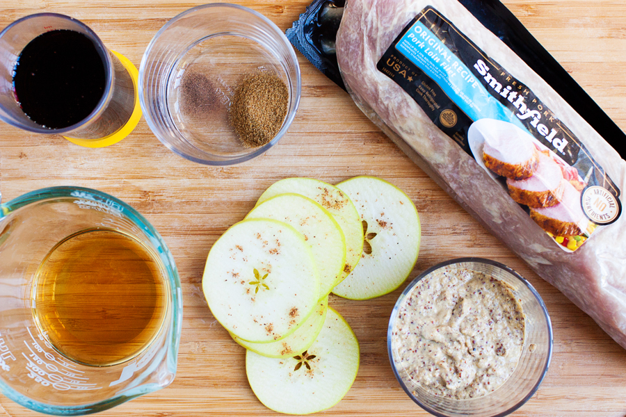 30 minute Maple Mustard Pork Loin is served with tender apple nutmeg rings and is the perfect dish for your Fall dinner table.