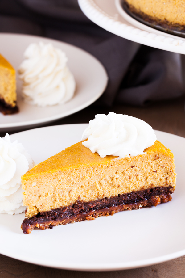 A gingersnap cookie crust, a layer of chocolate cake, and creamy pumpkin cheesecake make this the Ultimate Pumpkin Cheesecake.