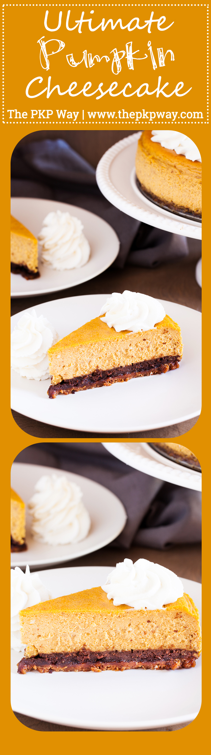 A gingersnap cookie crust, a layer of chocolate cake, and creamy pumpkin cheesecake make this the Ultimate Pumpkin Cheesecake.