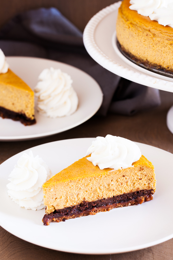 A gingersnap cookie crust, a layer of chocolate cake, and creamy pumpkin cheesecake make this the Ultimate Pumpkin Cheesecake.