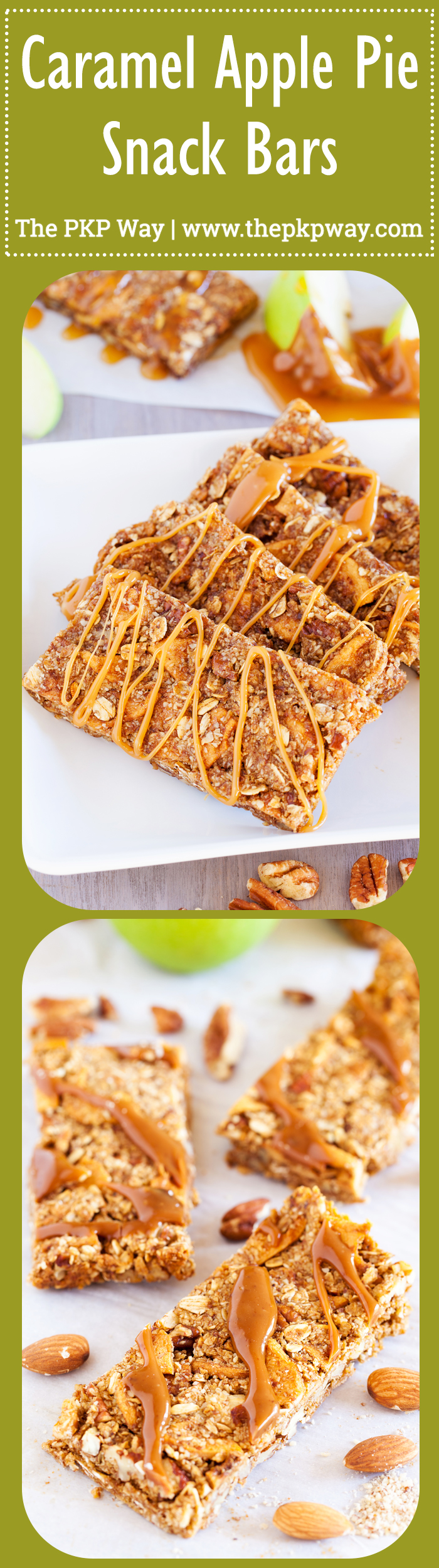 Full of crunchy pecans, chewy apples, and a caramel ribbon, these Caramel Apple Pie Snack Bars are the next best thing to an apple pie without the fuss of the crust.