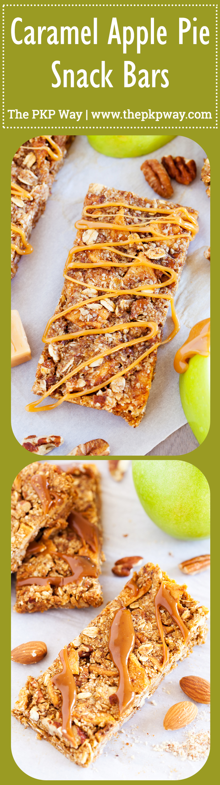 Full of crunchy pecans, chewy apples, and a caramel ribbon, these Caramel Apple Pie Snack Bars are the next best thing to an apple pie without the fuss of the crust.