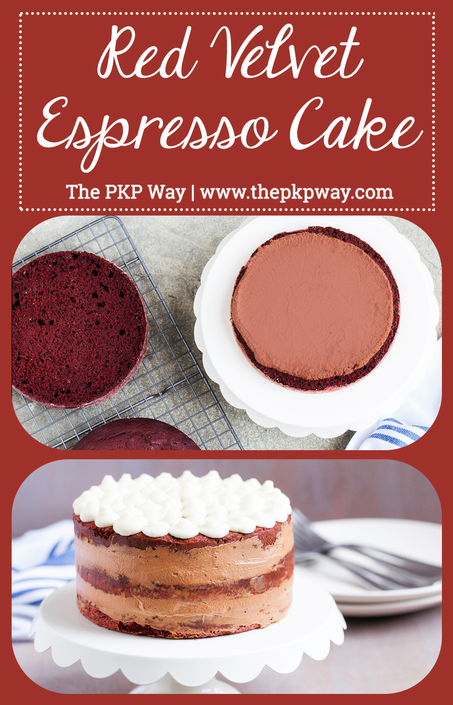 A to-die-for combination, this Red Velvet Espresso Cake has three delicious layers of red velvet cake, filled with fluffy espresso cream in between, and topped with sweet and tangy cream cheese frosting!