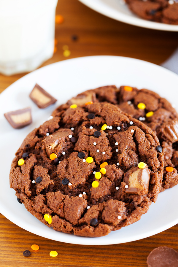 Full of chocolate and peanut butter flavor, these Reese’s Peanut Butter Chocolate Cookies are a great way to use up your leftover Halloween candy.