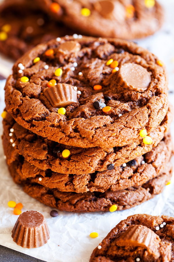 Full of chocolate and peanut butter flavor, these Reese’s Peanut Butter Chocolate Cookies are a great way to use up your leftover Halloween candy.