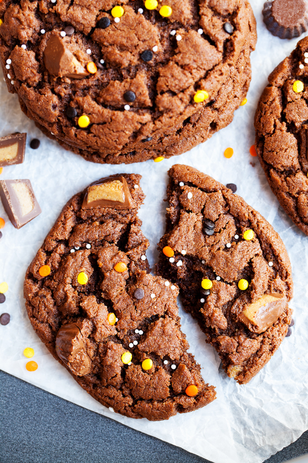 Full of chocolate and peanut butter flavor, these Reese’s Peanut Butter Chocolate Cookies are a great way to use up your leftover Halloween candy.