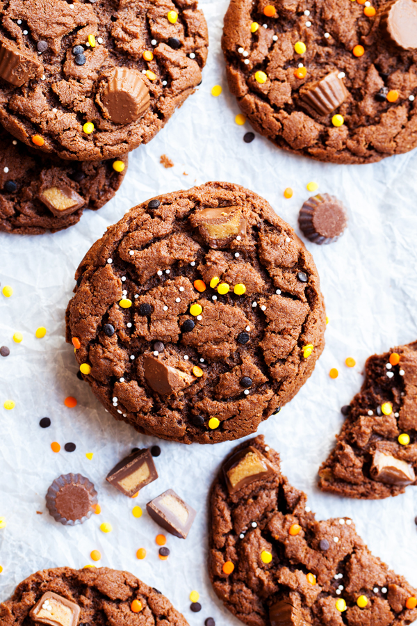 Full of chocolate and peanut butter flavor, these Reese’s Peanut Butter Chocolate Cookies are a great way to use up your leftover Halloween candy.