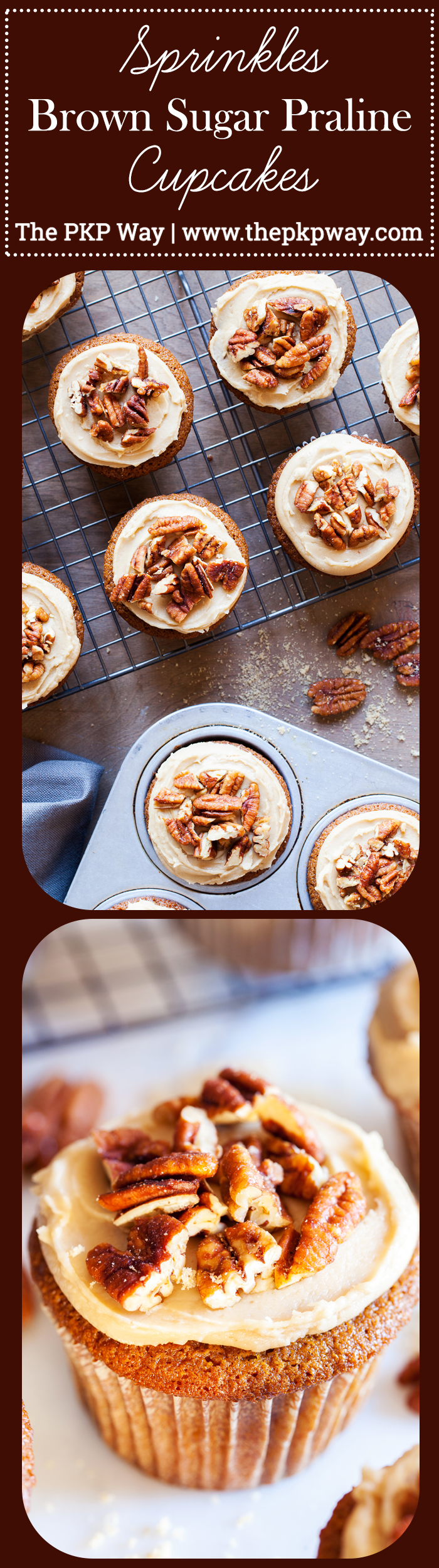 Sprinkles Brown Sugar Praline Cupcakes, directly from Candace Nelson, are incredibly moist, topped with a thick brown sugar frosting, and sprinkled with crunchy candied pecans!