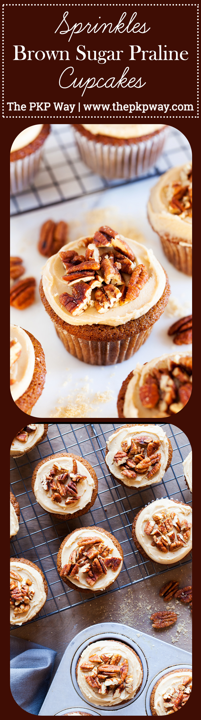 Sprinkles Brown Sugar Praline Cupcakes, directly from Candace Nelson, are incredibly moist, topped with a thick brown sugar frosting, and sprinkled with crunchy candied pecans!