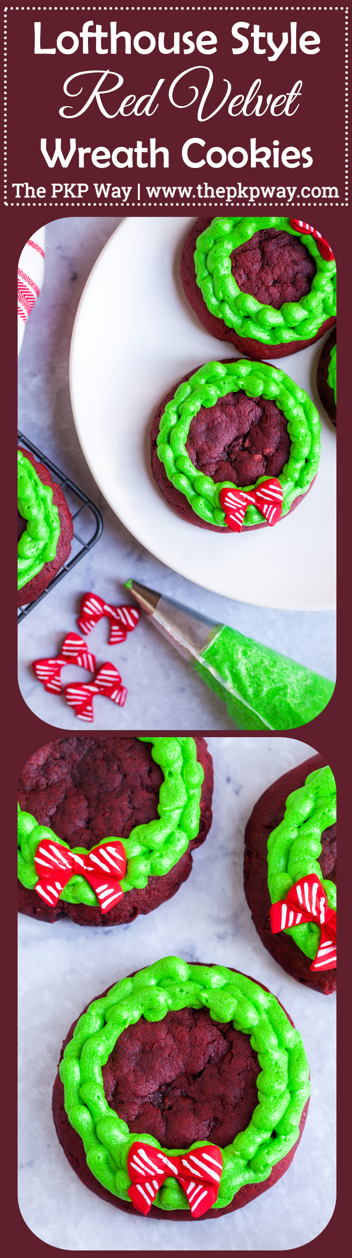 Chocolatey and buttery, these Lofthouse Style Red Velvet Wreath Cookies with cream cheese frosting will disappear at your next holiday party or cookie swap!