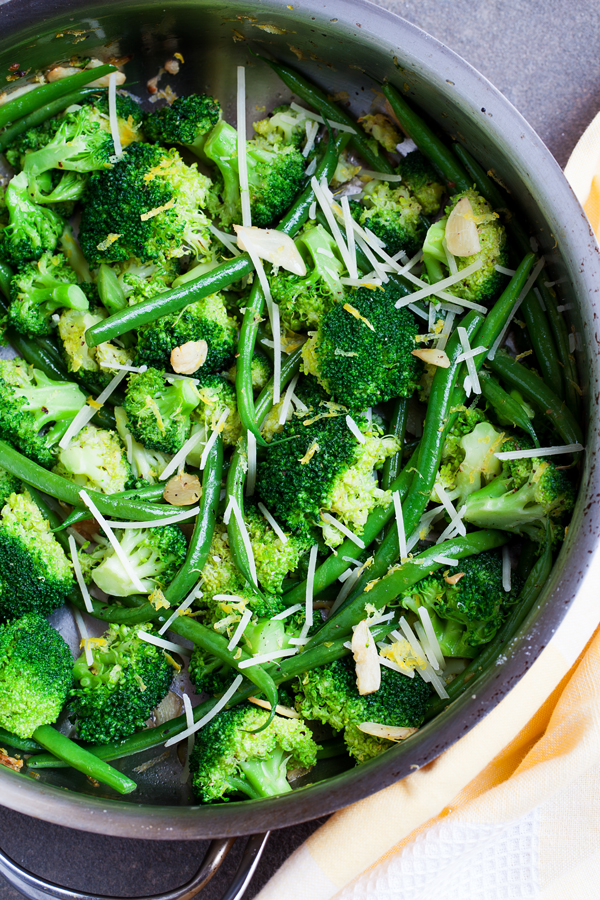 Perfectly crisped, tender, and flavorful Garlic Lemon Broccoli and Green Beans.