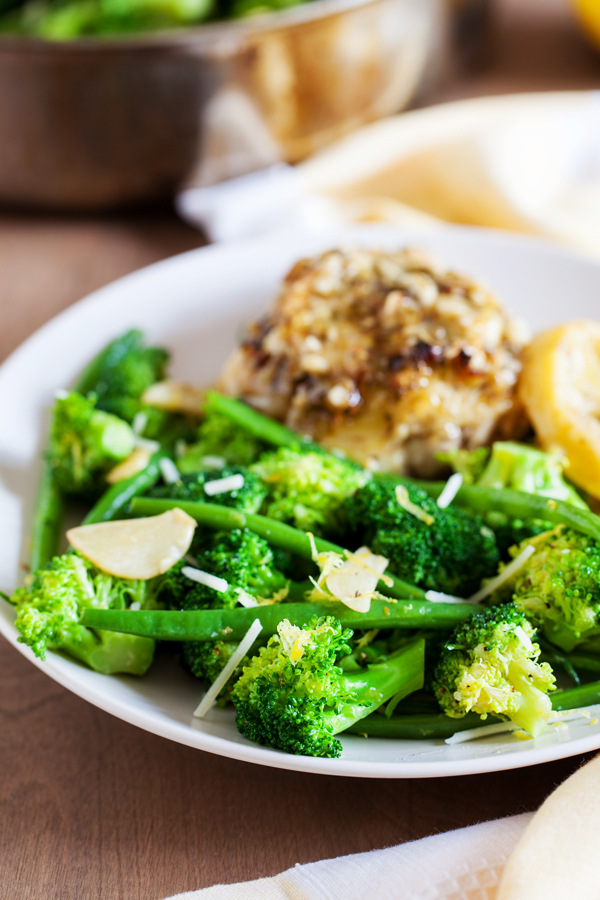 Perfectly crisped, tender, and flavorful Garlic Lemon Broccoli and Green Beans.