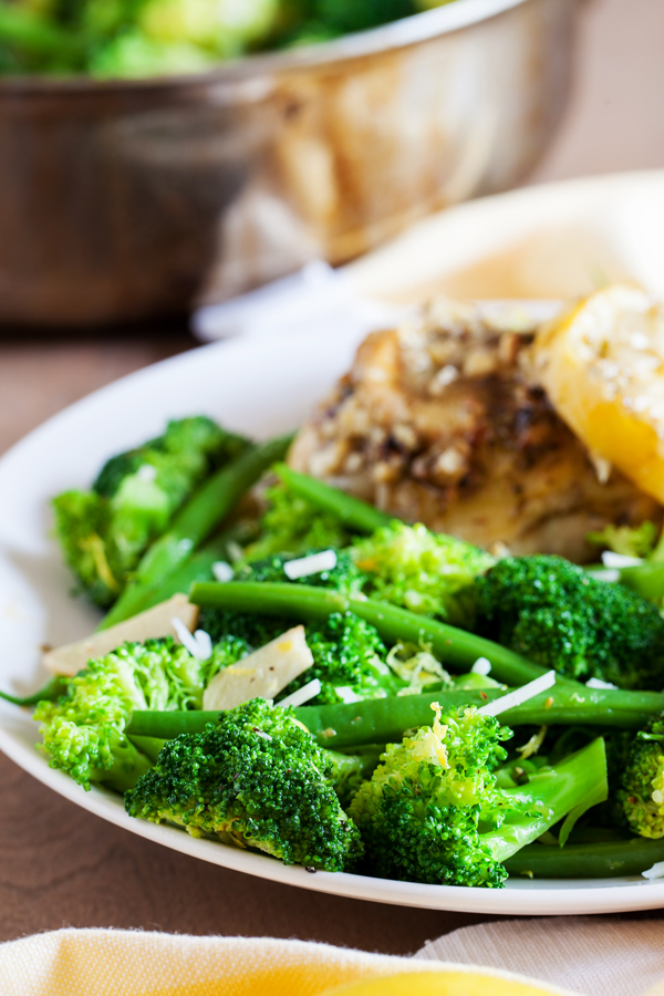 Perfectly crisped, tender, and flavorful Garlic Lemon Broccoli and Green Beans.