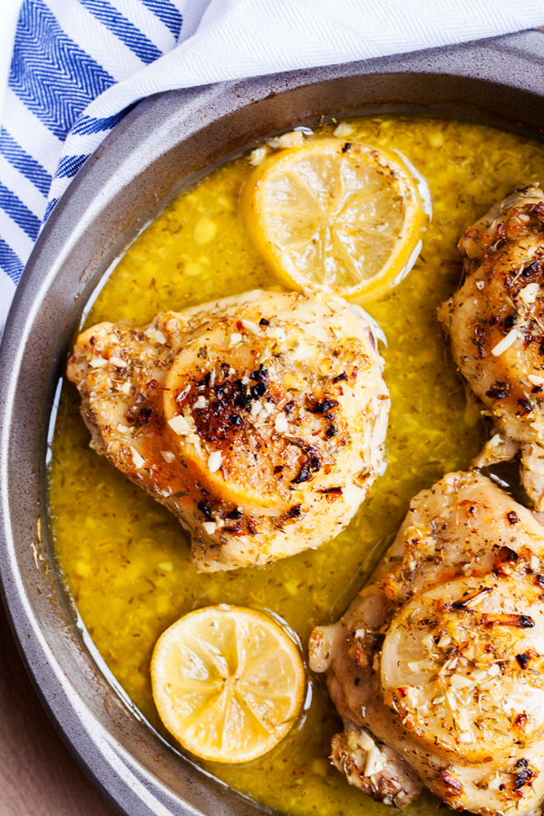 Aerial view of Ina Garten's Lemon Chicken in pan