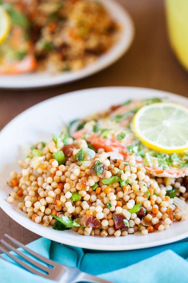 Sweet and savory Lemon Israeli Couscous with Dates and Walnuts, with just a bit of tang, makes a delicious accompaniment to your favorite entrees.