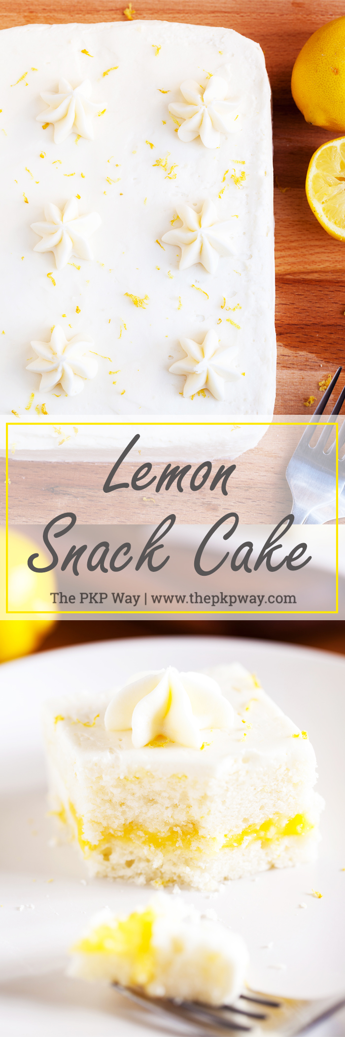 Two layers of soft white cake, lemon curd filling, and cream cheese frosting make this Lemon Snack Cake the perfect “light” and bright dessert.