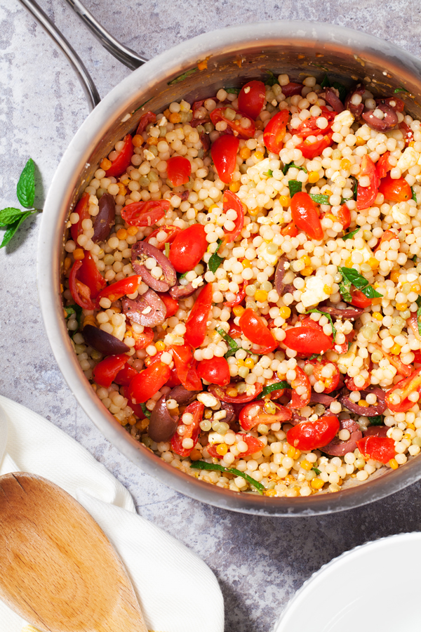 This Mediterranean Israeli Couscous is perfect as an accompaniment to any Mediterranean-inspired meal or on its own in a giant bowl!