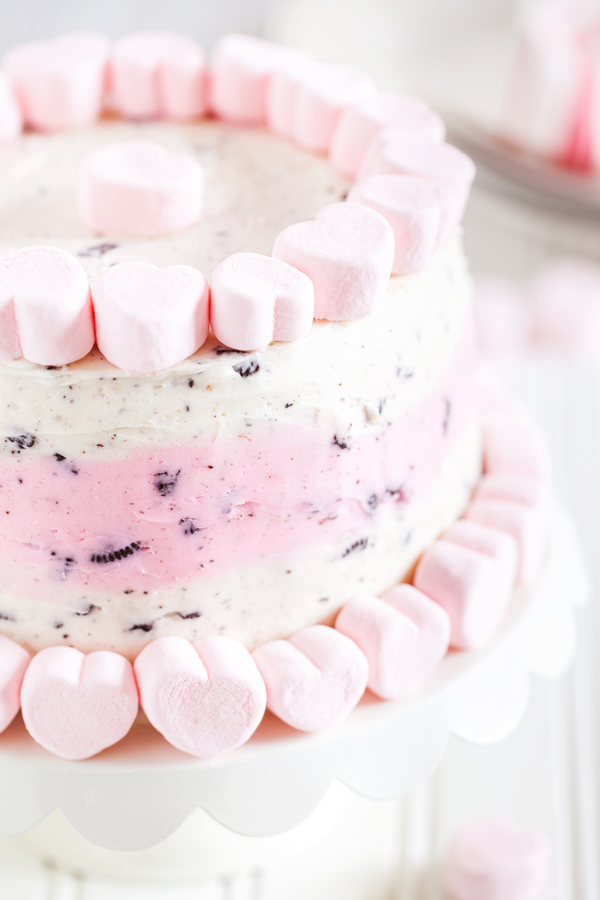 The perfect treat to end your Valentine’s Day dinner, this Valentine’s Day Oreo Cake has two layers of moist and fluffy white cake and is filled and covered with a vanilla and Oreo cookie crumb buttercream.