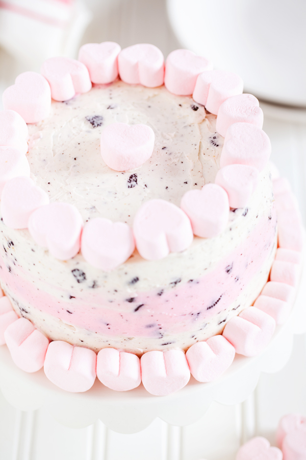 The perfect treat to end your Valentine’s Day dinner, this Valentine’s Day Oreo Cake has two layers of moist and fluffy white cake and is filled and covered with a vanilla and Oreo cookie crumb buttercream.