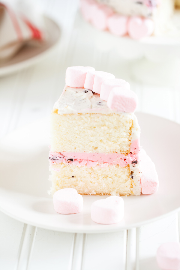 The perfect treat to end your Valentine’s Day dinner, this Valentine’s Day Oreo Cake has two layers of moist and fluffy white cake and is filled and covered with a vanilla and Oreo cookie crumb buttercream.