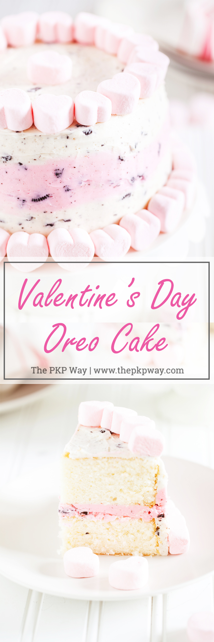 The perfect treat to end your Valentine’s Day dinner, this Valentine’s Day Oreo Cake has two layers of moist and fluffy white cake and is filled and covered with a vanilla and Oreo cookie crumb buttercream.