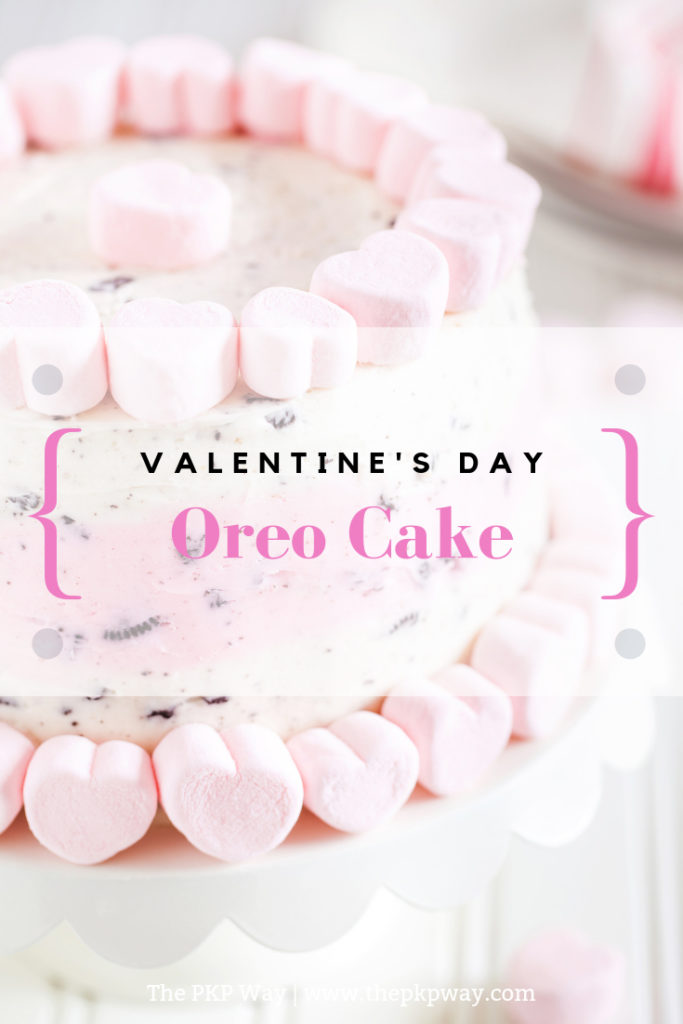 The perfect treat to end your Valentine’s Day dinner, this Valentine’s Day Oreo Cake has two layers of moist and fluffy white cake and is filled and covered with a vanilla and Oreo cookie crumb buttercream.