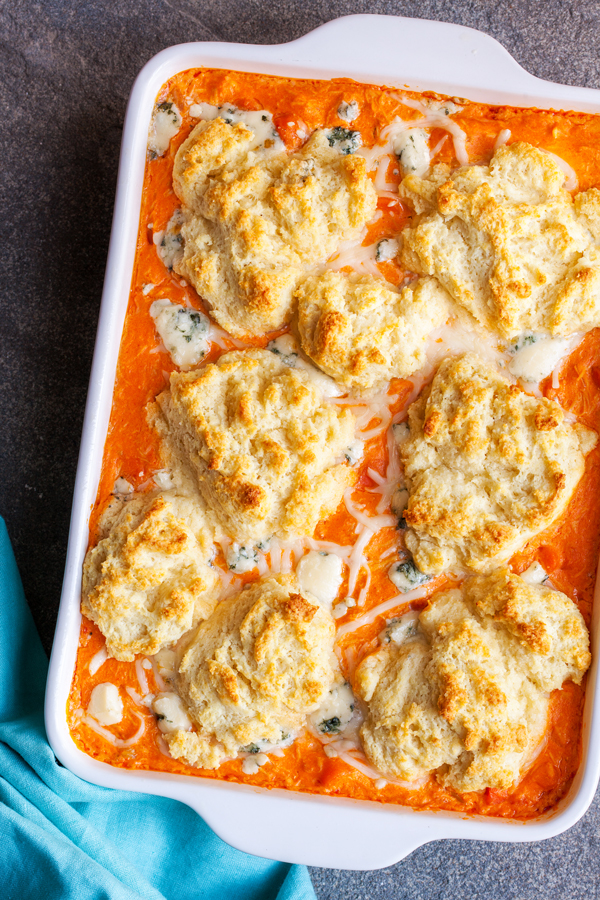 Buffalo Chicken Biscuit Pot Pie – All the deliciousness of chicken pot pie, buffalo wings, and a flaky crust, but with the ease of a casserole.