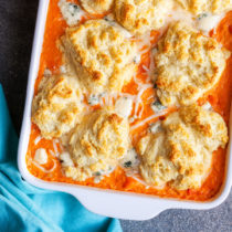 Buffalo Chicken Biscuit Pot Pie – All the deliciousness of chicken pot pie, buffalo wings, and a flaky crust, but with the ease of a casserole.