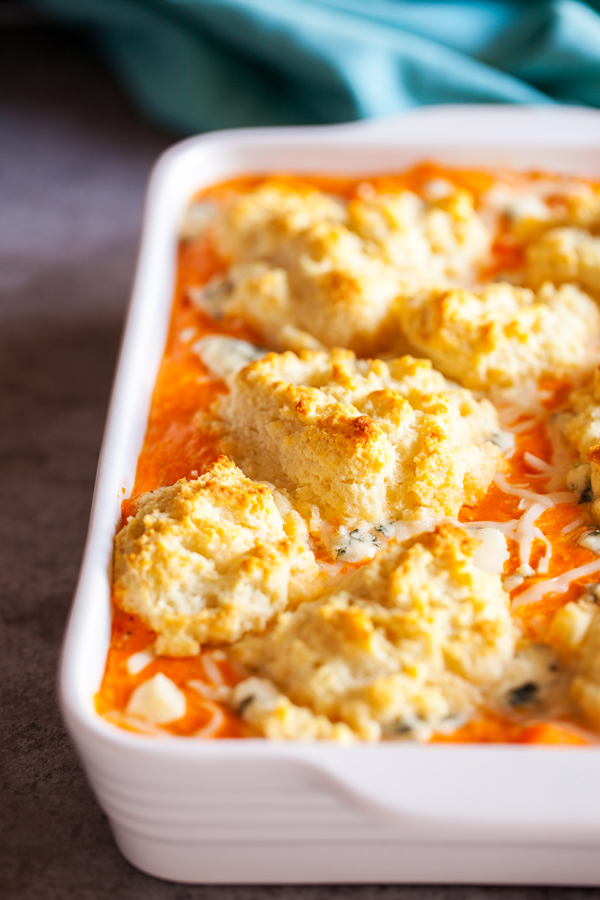 Buffalo Chicken Biscuit Pot Pie – All the deliciousness of chicken pot pie, buffalo wings, and a flaky crust, but with the ease of a casserole.