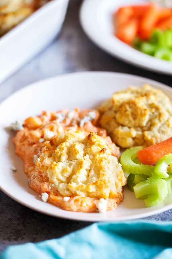 Buffalo Chicken Biscuit Pot Pie – All the deliciousness of chicken pot pie, buffalo wings, and a flaky crust, but with the ease of a casserole.