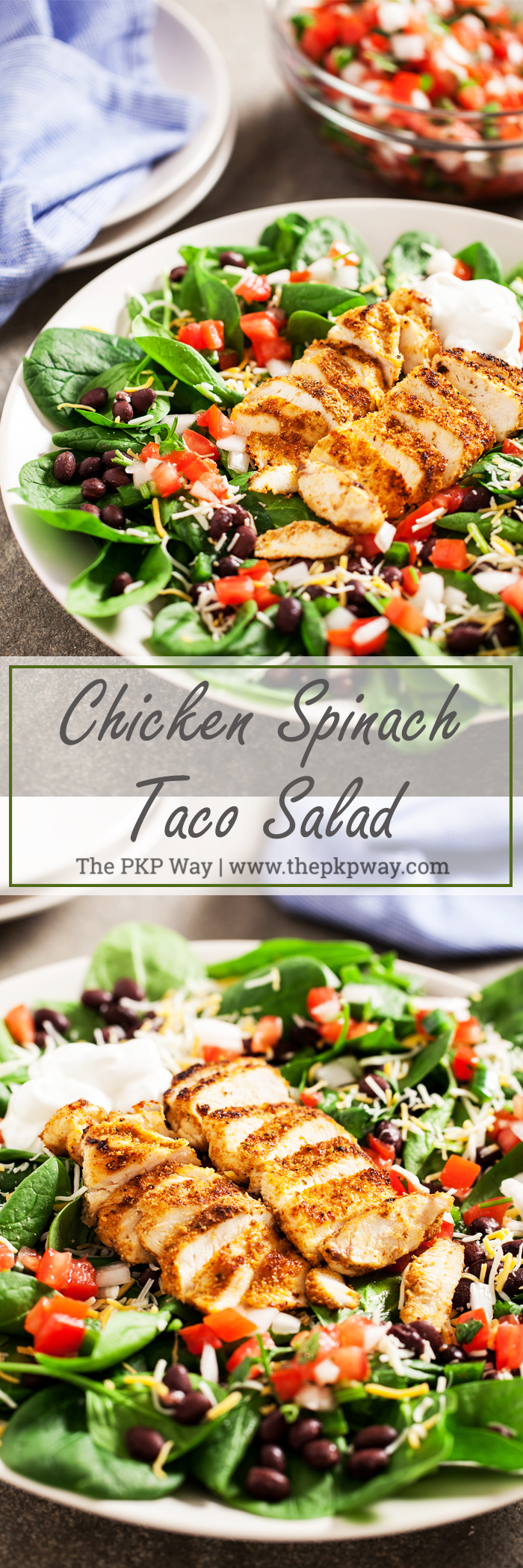 Chicken Spinach Taco Salad - Juicy and perfectly seasoned chicken served on a bed of fresh spinach leaves and topped with black beans and homemade pico de gallo.