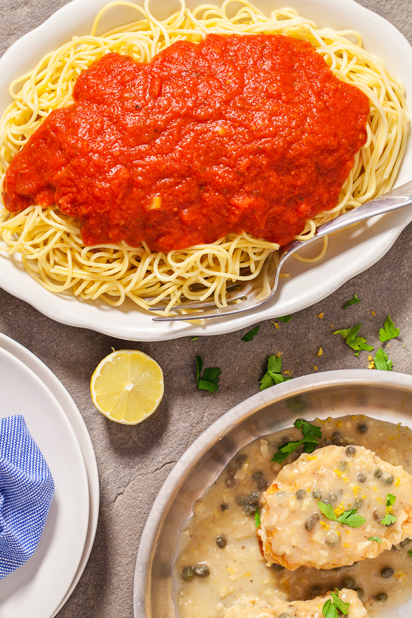 For Valentine’s Day or other special occasion, Restaurant-Style Chicken Piccata and Spaghetti is the perfect meal for a great night in.