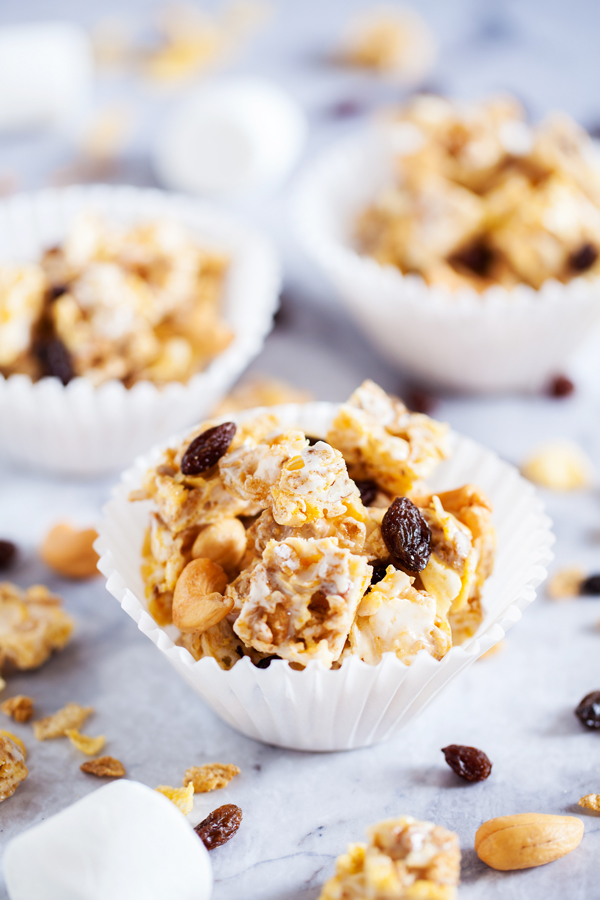 Chewy Pecan & Maple Puppy Chow with soft and chewy raisins and crunchy cashews is a fun and non-traditional way to enjoy cereal.