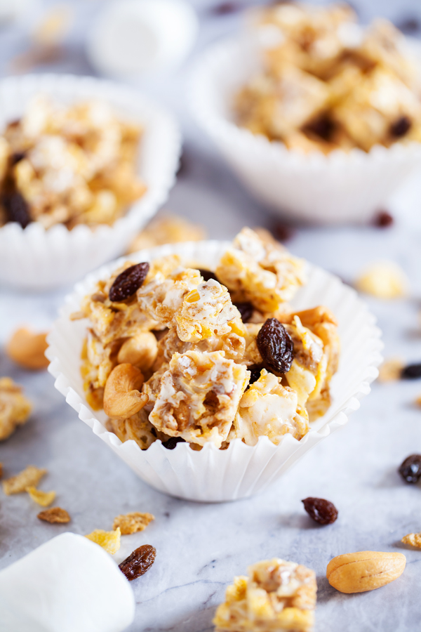 Chewy Pecan & Maple Puppy Chow with soft and chewy raisins and crunchy cashews is a fun and non-traditional way to enjoy cereal.