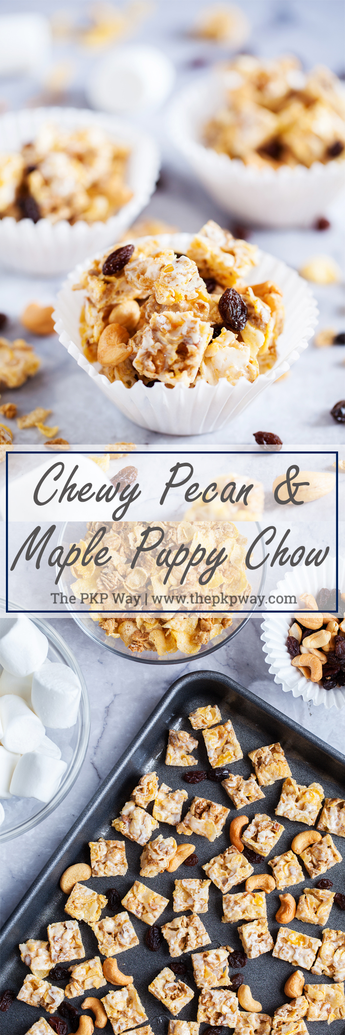 Chewy Pecan & Maple Puppy Chow with soft and chewy raisins and crunchy cashews is a fun and non-traditional way to enjoy cereal.