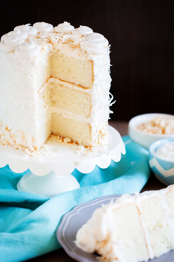 Moist and fluffy coconut cake is studded with shredded coconut, filled and covered with a luscious coconut frosting made from coconut milk, and adorned with BOTH toasted coconut and sweetened coconut.