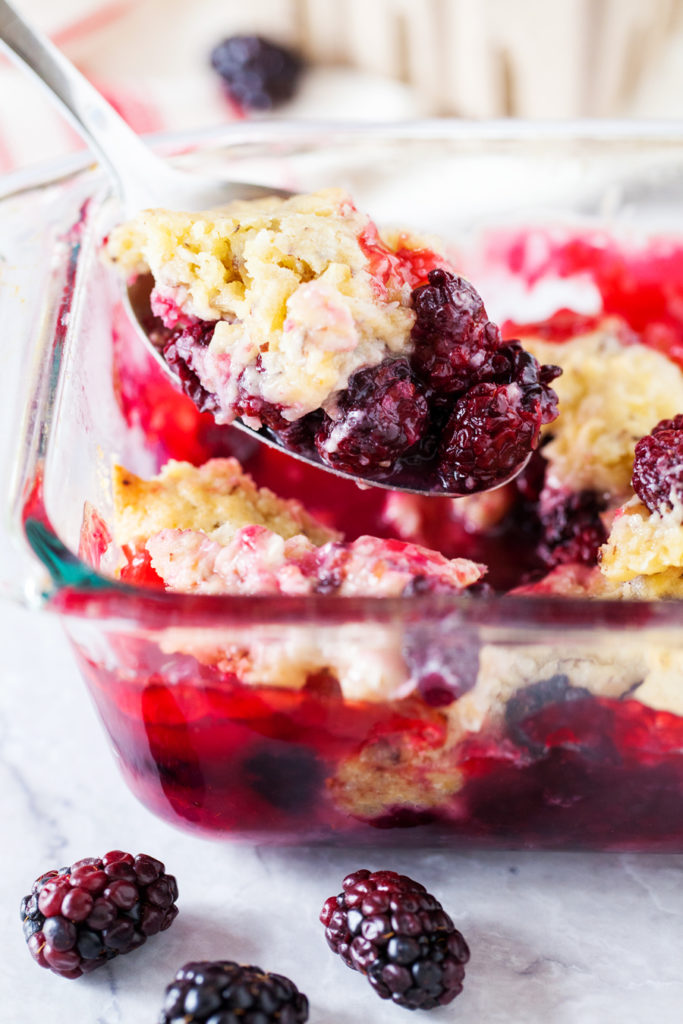 A tart and juicy blackberry filling topped with a secret-ingredient topping makes this Small Batch Blackberry Cobbler the perfect sweet treat at your next intimate gathering.