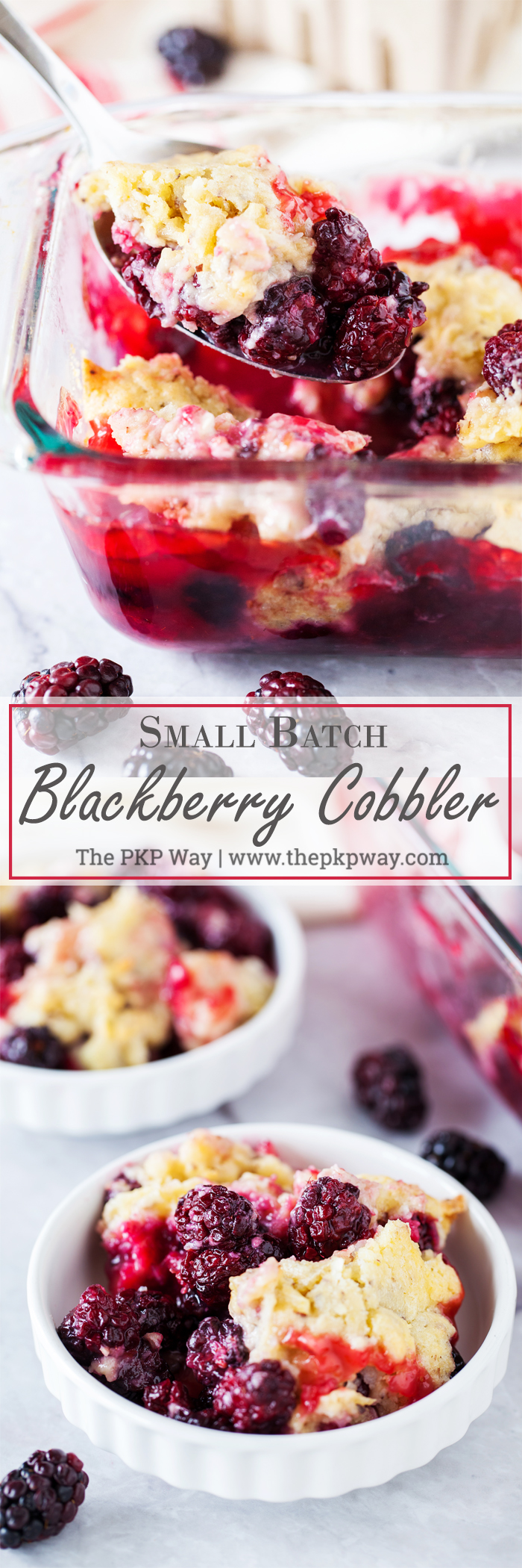 en tårta och saftig blackberry fyllning toppad med en hemlig ingrediens topping gör denna lilla Batch Blackberry skomakare den perfekta söta behandla på din nästa intima sammankomst.