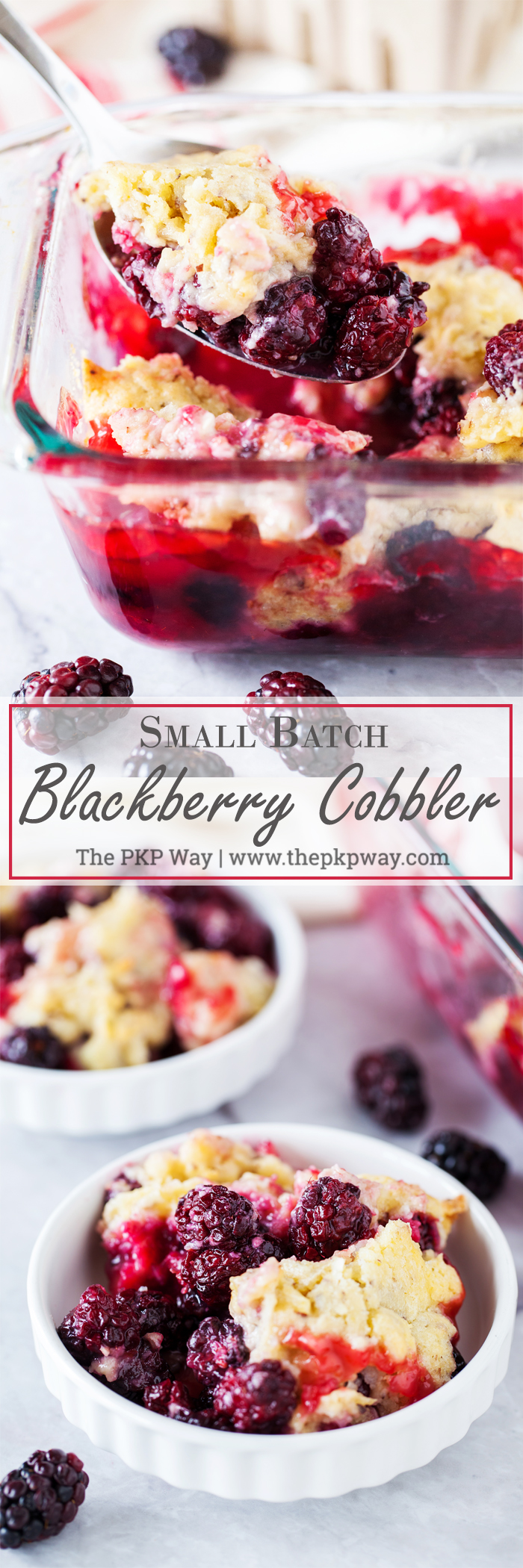 A tart and juicy blackberry filling topped with a secret-ingredient topping makes this Small Batch Blackberry Cobbler the perfect sweet treat at your next intimate gathering.